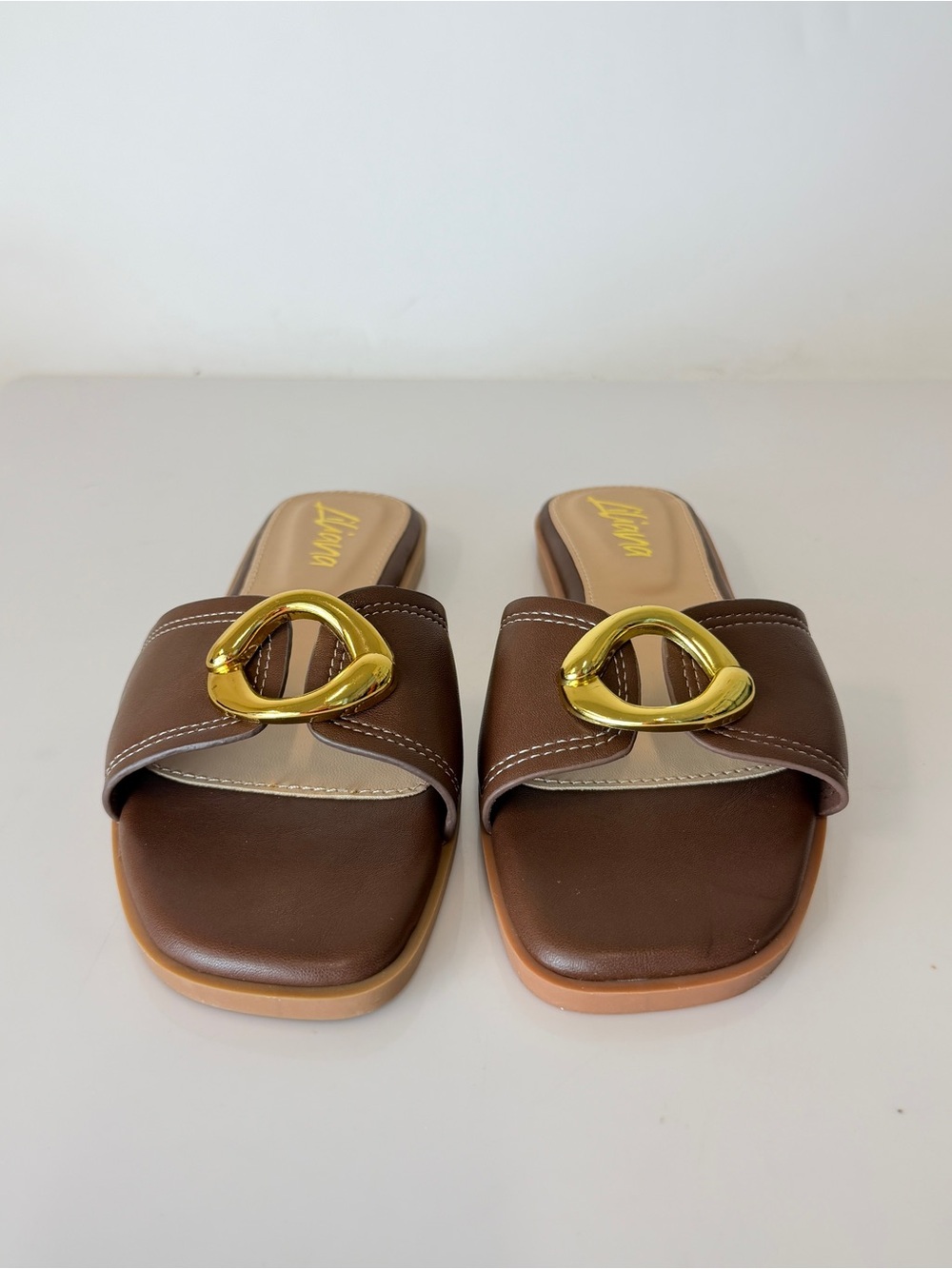 Liliana Brown Slide Sandals with Gold Ring Accent